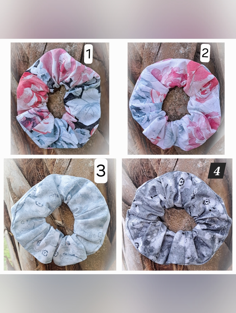 ONE Floral Pink & Gray Scrunchie Hair Tie Soft Cotton Stretch Hair Accessories